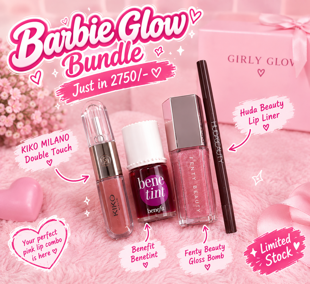 Barbie Glow bundle | hudabeauty lipstain | fenty beauty gloss bomb | beni tint | kiko 2in1 gloss