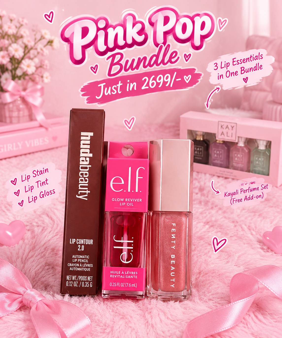 Pink pop bundle | hudabeauty lipstain | Tint | fenty beauty gloss bomb |